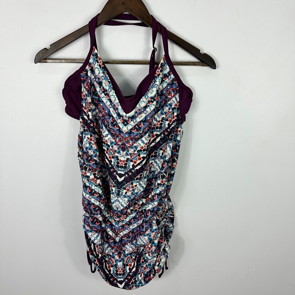 Athleta Women's Swimsuit 34BC Purple Multi Print Tankini One Piece Active Swim